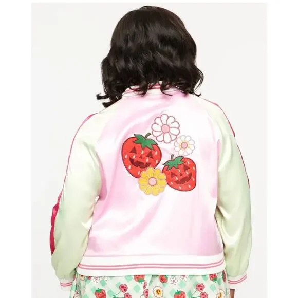 Unique Vintage Pink Green Bite Me Satin Bomber Jacket 1X 16 NWT - Picture 2 of 6